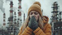 Young woman in winter clothing covering face with gloves near industrial chimneys emitting smoke, representing environmental pollution and air quality concerns.