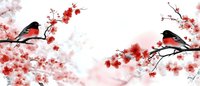 Watercolor style bullfinches perched on blooming cherry blossom branches against white background, red and black birds create romantic spring atmosphere.