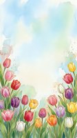 Watercolor spring tulip garden border with colorful blooms in pink, red, yellow, purple and white, soft pastel sky background with copy space.