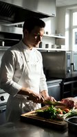Professional male chef in white uniform preparing fresh ingredients on cutting board in modern commercial kitchen with stainless steel equipment and natural lighting.