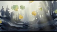Autumn leaves floating in misty forest landscape with dramatic lighting and atmospheric fog creating dreamy seasonal nature scene for backgrounds and designs.