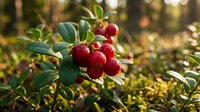 Fresh red cranberries growing on green bush branches in natural outdoor setting with warm sunlight filtering through foliage during harvest season.