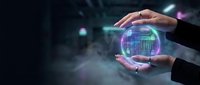 Hands holding glowing digital globe with stock market data visualization, representing global finance, technology investment, and business growth in modern economy.