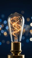 Vintage Edison bulb with glowing golden filament shaped as dollar sign and financial symbols against dark blue bokeh background, representing wealth, investment, and energy efficiency for business concepts.