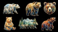 Watercolor bear clipart set with six poses, isolated on transparent background, ready for stickers, t-shirt design, print on demand, and sublimation projects.