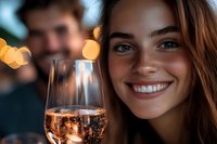 Young woman with freckles and radiant smile holding champagne glass at evening celebration with bokeh lights creating romantic atmosphere. Lifestyle party moment.