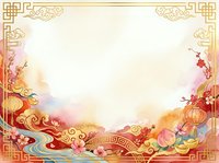 Chinese New Year celebration frame with golden ornamental borders, red lanterns, and blooming flowers on cream background. Isolated design element for greeting cards and festive projects.