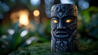 Ancient wooden tiki totem with glowing amber eyes against blurred natural background with bokeh lights, carved tribal patterns and mystical atmosphere.