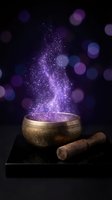 Tibetan singing bowl with wooden mallet releasing magical purple energy particles and sparkles against dark background with bokeh lights for meditation.