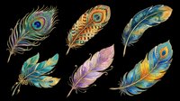 Six colorful exotic feathers with gold accents, isolated on transparent background. Great for stickers, t-shirt design, print on demand, clipart, and sublimation projects.