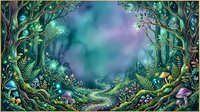 Enchanted forest woodland scene with glowing magical lights, mystical atmosphere, and fantastical flora for fantasy art, game design, and imaginative storytelling projects.