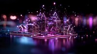 Glowing miniature city model with neon purple lights reflecting on water surface against dark background, creating magical nighttime atmosphere.