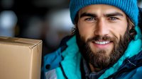 Smiling bearded Caucasian male courier in blue winter hat and turquoise jacket holding cardboard box for delivery service. Close up portrait in natural lighting.