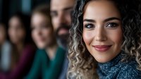 Young mixed race woman with curly hair and bright smile in blue sweater leading diverse group of professionals in modern office setting. Focus on female leadership.