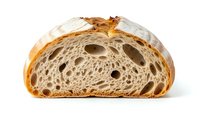 Artisan sourdough bread slice showing airy crumb structure with large holes, perfect for bakery menus and food photography on isolated white background.