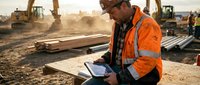 Construction worker in orange safety vest using tablet computer at building site with heavy machinery and materials in background during golden hour.