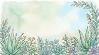 Watercolor succulent and botanical frame border with soft pastel green and blue tones, featuring aloe, echeveria, and wildflowers on light background.