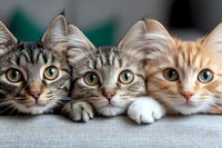 Three adorable cats lying in row on gray sofa, tabby and ginger cats with bright eyes looking at camera, close up portrait of domestic pets at home.
