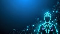 Digital healthcare technology concept with glowing doctor silhouette and network connections on blue background for medical innovation presentations.