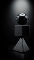 Black geometric shapes stacked vertically with glossy sphere on top against dark background for modern minimalist design concepts.