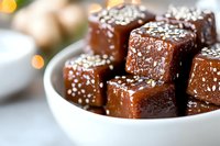 Homemade chocolate caramel fudge squares topped with sea salt in white ceramic bowl, macro shot with soft bokeh background. Sweet dessert confection.
