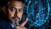 Middle-aged Indian businessman with salt and pepper beard gestures at glowing blue digital sphere visualization, representing future technology and artificial intelligence.