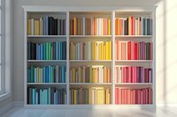 Books arranged by color in white built-in bookshelf creating rainbow spectrum effect. Natural light from window illuminates organized library collection.
