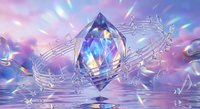Magical crystal diamond floating with musical notes in dreamy purple sky with rainbow light effects and water reflections for fantasy designs.
