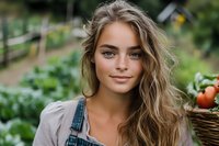 Young Caucasian woman with long wavy brown hair and bright eyes wearing denim overalls smiles while working in lush summer vegetable garden with fresh produce.
