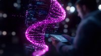 Glowing purple DNA helix structure with digital data visualization floating in dark space, person holding smartphone in background, futuristic genetic research concept.