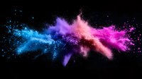 Colorful powder explosion on black background with blue, purple and pink dust clouds colliding in dynamic motion creating abstract art pattern.