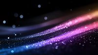 Magical glowing particles flow in pink and blue waves against dark background, creating dynamic motion effect with bokeh lights and sparkle elements.