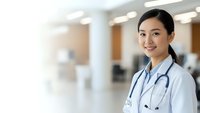 Young Asian female doctor smiling confidently in hospital corridor wearing white coat and stethoscope for healthcare and medical profession concepts.