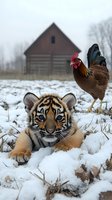 Young tiger cub lying in snow with rooster and rustic barn in background, creating surreal winter farm scene with unexpected animal companions in rural setting.