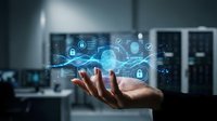 Businessman hand holding digital brain with cybersecurity icons and network connections in modern office environment for technology presentations.