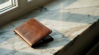 Brown leather wallet on marble windowsill with natural sunlight creating warm shadows in minimalist interior setting for financial lifestyle concepts.