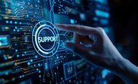 Finger touching glowing support button on digital interface with circuit pattern background, representing customer service and technical assistance solutions.