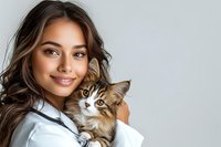 Young female veterinarian with long dark hair wearing white medical coat holds fluffy tabby and white cat, showing caring and professional approach against light background.
