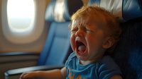 Toddler boy with red hair yawning widely in airplane seat by window during flight, wearing blue shirt, travel fatigue concept.