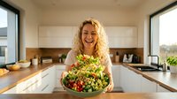 Happy blonde woman holding large fresh salad bowl in modern kitchen. Healthy eating lifestyle concept for cooking and nutrition content.
