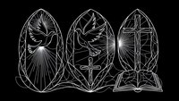 Religious stained glass window designs with dove, cross and radiant light patterns on black background for spiritual decoration and church art projects.