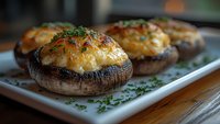 Stuffed mushroom caps with melted cheese and herbs on white plate, close-up view showing golden brown tops and fresh garnish. Appetizing party food.