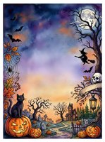 Halloween frame with spooky elements, pumpkins, black cat, witch silhouette, bats, skull, haunted house and full moon on watercolor background for seasonal designs.