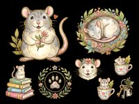 Cute mouse clipart set isolated on transparent background, featuring floral wreaths, stacked books, teacup, and paw print. Great for stickers, t-shirts, and print on demand.