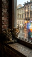 Tabby cat sitting on wooden windowsill gazing out at rainy urban street with blurred city buildings and wet glass, cozy indoor pet scene.