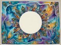 Colorful watercolor peacock feather mandala frame with vibrant blue, purple, and gold tones on isolated white circular background, suitable for design projects and creative compositions.