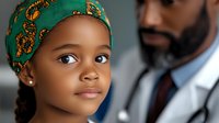 Young African American girl wearing green and gold head wrap during medical checkup with pediatrician in white coat visible in background, healthcare concept.