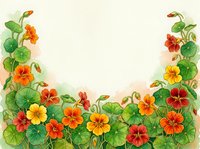 Watercolor nasturtium flowers border with orange, red and yellow blooms and green leaves, copy space for text on light background.