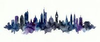 London skyline silhouette in watercolor style with blue and purple tones. Iconic landmarks including Big Ben and skyscrapers create an artistic cityscape for travel, design and decor projects.