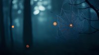 Mystical forest scene with delicate spider web in foreground, illuminated by glowing orange lights against dark teal misty woodland background, creating ethereal atmosphere.